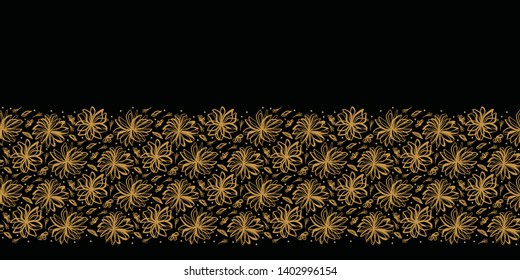 Hand drawn floral tossed border pattern. Vector seamless background. Stylized ink flower stem illustration. Trendy retro old gold style home decor trimming, elegant nature banner, stylish polka dots.
