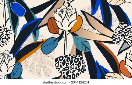 Patrón abstracto de moda floral dibujado a mano con piel de leopardo. Plantilla de diseño de moda. Estilo de caricatura moderno. 