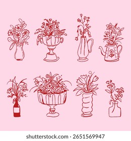 Conjunto de Clipart de vaso floral desenhado à mão, Vintage Cottagecore Line Art Flowers