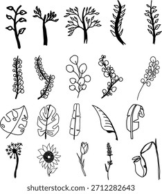 Hand drawn floral vector collection. Rough marker sketch leaves, twigs, and wild flowers set for wedding or nature design. Isolated on white background.
