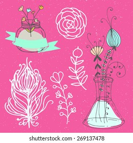Hand drawn floral vector doodle set elements