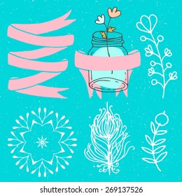 Hand drawn floral vector doodle set elements