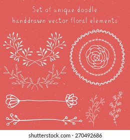 Hand drawn floral vector doodle set elements