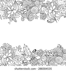 Hand drawn floral vector doodle card design. Top and bottom white and black monochrome border line frame sketch ornament