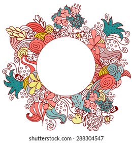 Hand drawn floral vector doodle card design  Round border half colored sketch line ornament