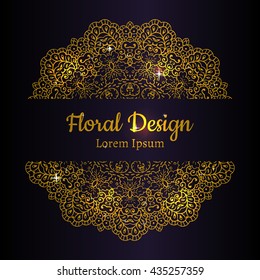 Hand drawn floral vector illustration. Vintage gold decorative wreath. Ornamental round lace.