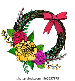 a hand drawn floral vector illustration with flowers and leaves in a form of wreath or frame; sketched peony, roses and branches; great for cards and posters; 