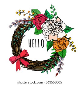 a hand drawn floral vector illustration with flowers and leaves in a form of wreath or frame; sketched peony, roses and branches; great for cards and posters; save the date; hello 