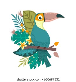 Hand drawn floral vector illustration. Summer tropical graphic elements. Toucan exotic bird. Jungle animal.