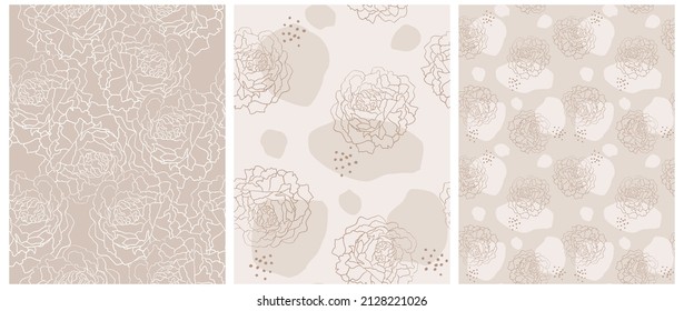 Hand Drawn Floral Vector Patterns with Peonies Isolated on a Beige and Light Brown Background. Elegant Print with Sketched Twigs ideal for Fabric, Textile.