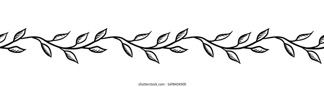 Hand drawn floral vector seamless border or divider. Black simple graphic isolated on white backround. 