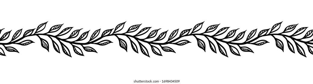 Hand drawn floral vector seamless border or divider. Black simple graphic isolated on white backround. 