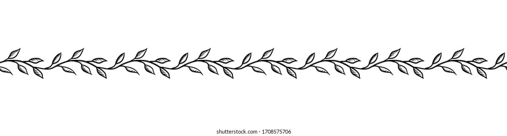 Hand drawn floral vector seamless border or divider. Black simple graphic isolated on white backround. 
