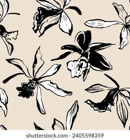 Hand drawn floral vector seamless pattern with sketchy black and white flowers of orchids on off-white background . Ink art.