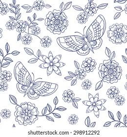 Vector floral trenzado a mano sin fisuras con flores y mariposas
