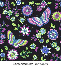 Hand drawn floral vector seamless pattern with flowers and butterflies