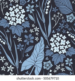 Hand drawn floral vector seamless pattern, abstract nature background with flowers, herbs and leaves.