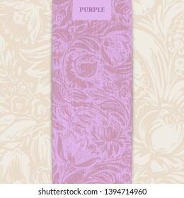 Hand drawn floral vertical banner with roses, dahlia, poppy, iris, marigold, leaves in purple and violet colors with craft paper texture. Decorative art flowers background vintage style.