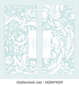 Hand drawn floral vertical banners with roses, dahlia, poppy, iris, marigold, leaves in white on mint green. Decorative art flowers background vintage style.