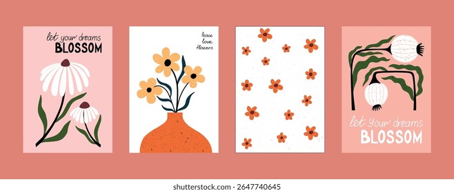 Hand drawn floral wall art with inspirational quotes, minimalist vases, blooming flowers, and scattered petals. Modern flat design in warm tones, ideal for posters, greeting cards, or interior decor