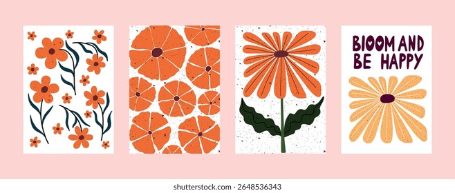 Hand drawn floral wall art with inspirational lettering. Bright and bold flower illustrations with positive message Bloom and Be Happy. Perfect for posters, cards, home decor, and kids room design.