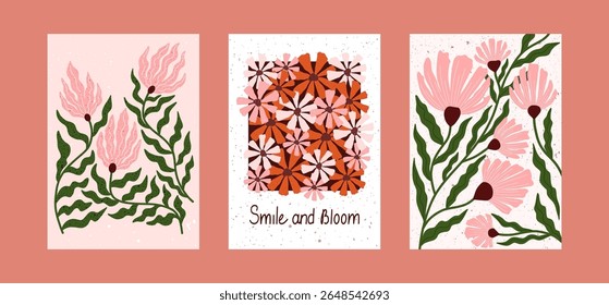 Hand drawn floral wall art with pink and orange flowers. Modern botanical posters with blooming wildflowers, textured petals, and green leaves. Minimal and trendy home decor illustration.