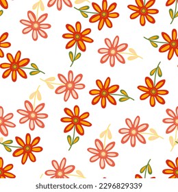 Hand drawn floral wallpaper. Cute flower seamless pattern. Naive art style. Simple design for fabric, textile print, wrapping, cover. Vector illustration