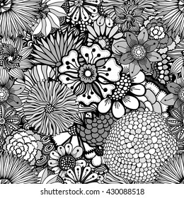 Hand drawn floral wallpaper with set of different flowers. Could be used as seamless wallpaper, textile, wrapping paper or background