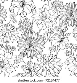 Hand drawn floral wallpaper with set of different flowers. Could be used as seamless wallpaper, textile, wrapping paper or background