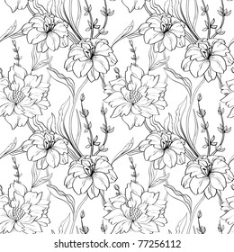 Hand drawn floral wallpaper with set of different flowers. Could be used as seamless wallpaper, textile, wrapping paper or background