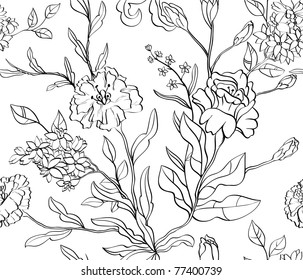 Hand drawn floral wallpaper with set of different flowers. Could be used as seamless wallpaper, textile, wrapping paper or background