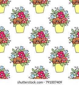 Hand drawn floral wallpaper with set of different flowers. Could be used as seamless wallpaper, textile, wrapping paper or background