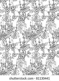 Hand drawn floral wallpaper with set of different flowers. Could be used as seamless wallpaper, textile, wrapping paper or background