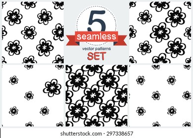 Hand Drawn floral wedding graphic black line lace daisy decoration items on white background. Set of 5 vector seamless pattern. Chess grid order pattern.