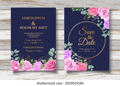 Hand drawn floral wedding invitation on wooden background