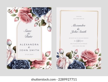 Plantilla de la tarjeta de invitación de boda floral dibujada a mano. Fondo de acuarela floral para plantilla de publicación de medios sociales, presentación de productos de joyería, publicidad de moda