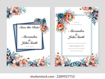 Hand drawn floral wedding invitation card template. Floral watercolor background for social media post template, jewelry product display, fashion advertising