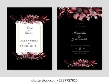 Plantilla de la tarjeta de invitación de boda floral dibujada a mano. Fondo de acuarela floral para plantilla de publicación de medios sociales, presentación de productos de joyería, publicidad de moda