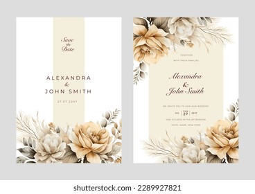 Plantilla de la tarjeta de invitación de boda floral dibujada a mano. Fondo de acuarela floral para plantilla de publicación de medios sociales, presentación de productos de joyería, publicidad de moda