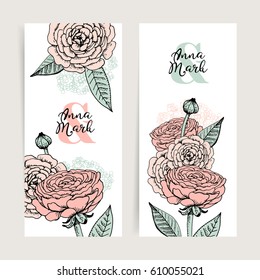 Hand drawn floral wedding invitation card set. Sketch vector illustration. Save the date design banners