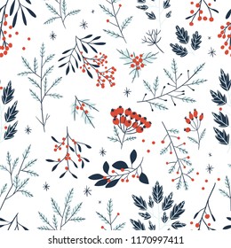 Hand Drawn Floral Winter Seamless Pattern With Christmas Tree Branches And Berries. Vector Illustration Background