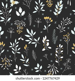 Hand drawn floral winter seamless pattern with christmas tree branches and berries on black background. Vector illustration background