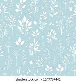 Hand drawn floral winter seamless pattern with christmas tree branches and berries on blue background. Vector illustration background