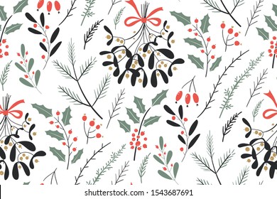 Hand drawn floral winter seamless pattern with christmas tree branches and berries. Vector illustration background.