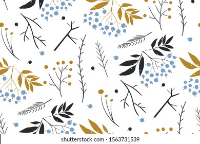 Hand drawn floral winter seamless pattern with christmas tree branches and berries. Christmas background. New Year 2020.