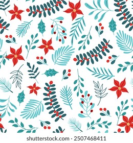 Hand drawn floral winter seamless pattern with christmas tree branches and berries. 