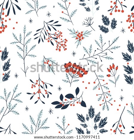 Hand drawn floral winter seamless pattern with christmas tree branches and berries. Vector illustration background