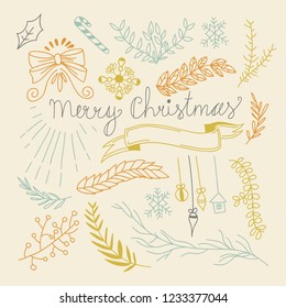 Hand drawn floral winter template with natural tree branches twigs leaves and Christmas symbols vector illustration