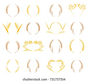 Hand drawn floral wreath. Agriculture grain, organic plant, bread food. Design elements for bread packaging or beer label. Set of silhouette circular laurel foliate and wheat wreaths.