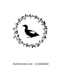 Hand drawn floral wreath with black guillemot made in vector. Beautiful floral design elements, ink drawing, logo template